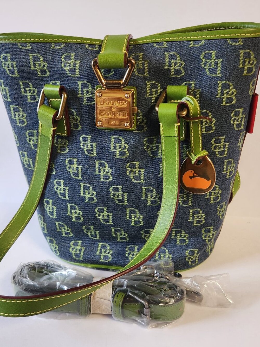 Dooney Bourke North South Bucket Bag Blue Denim Green Purse Handbag Shoulder Bag - Picture 2 of 16